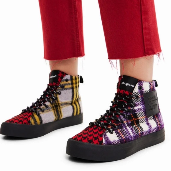desigual TARTAN HIGH-TOP SNEAKERS plaid textured - Picture 1 of 12